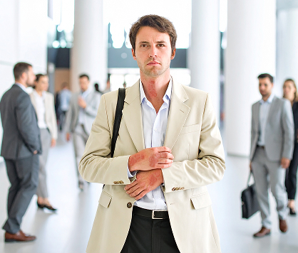 A businessman with visible atopic dermatitis on his hands and neck in a modern office environment.