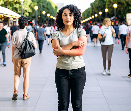 A woman standing in a crowd on a city walkway, scratching the atopic dermatitis on her arms